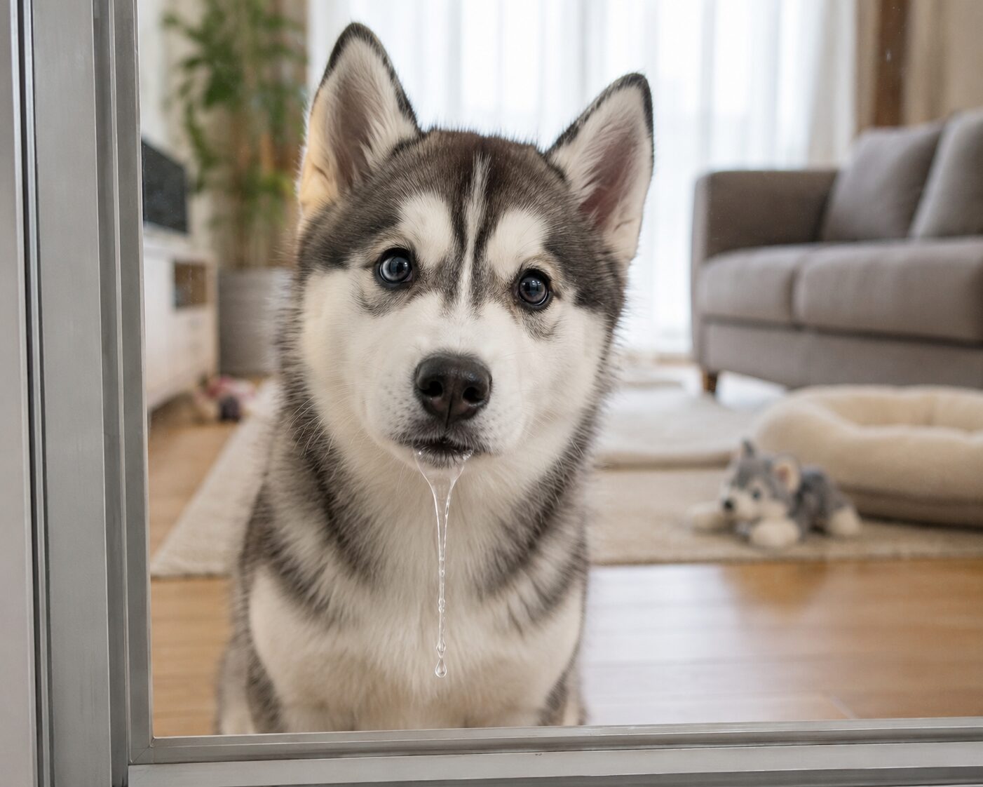 留守番後に口周りによだれの跡があるハスキー犬