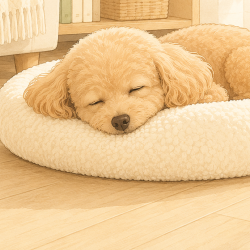 ふかふかのベッドで安心して眠る犬