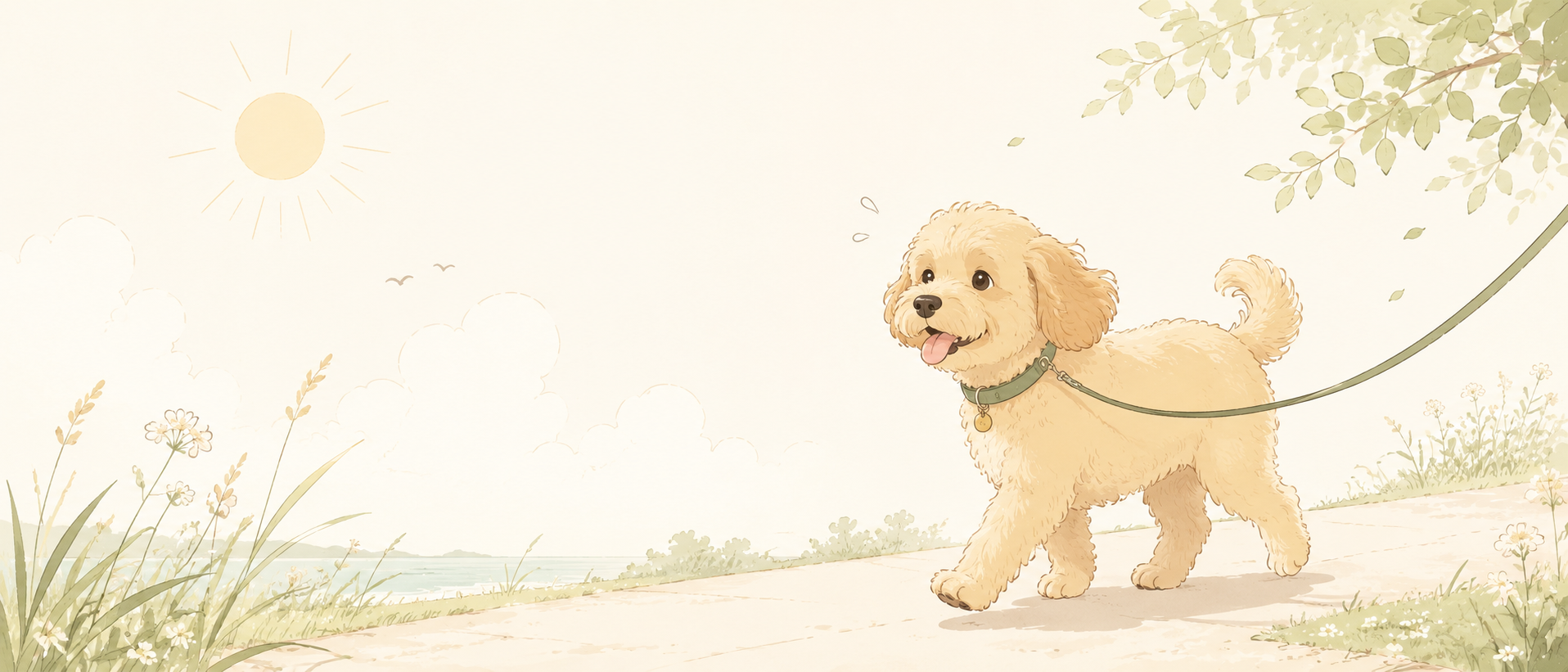 日ざしの下、気持ちよさそうに散歩する犬のイラスト