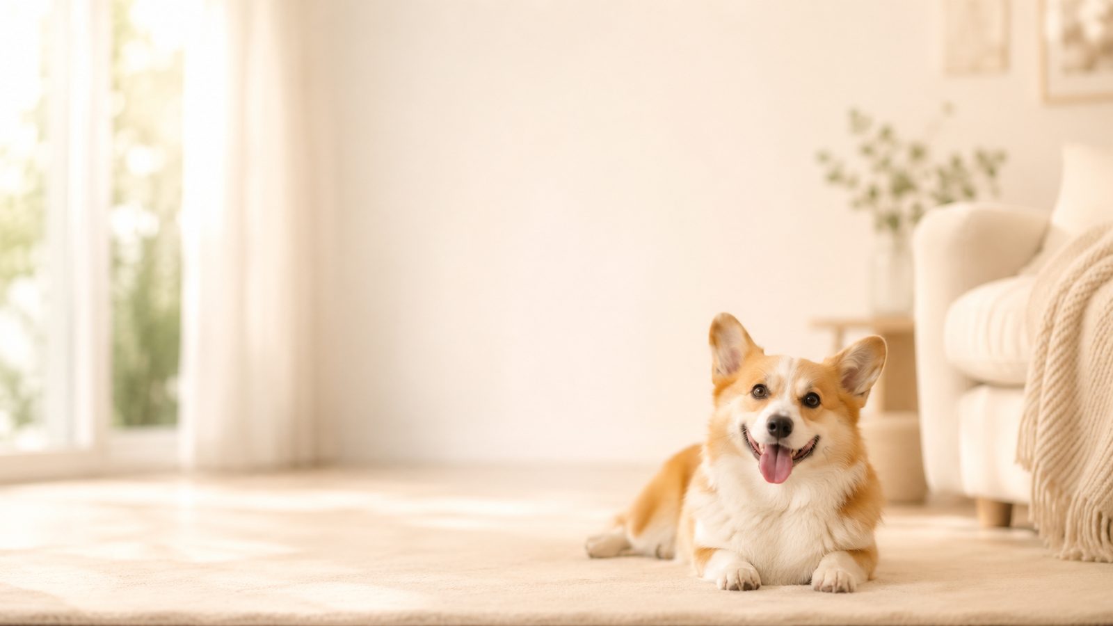 部屋でくつろぐ笑顔の犬